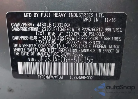 2017 Subaru Forester 2.5I Premium из США, поврежденный, VIN JF2SJAEC6HH510155